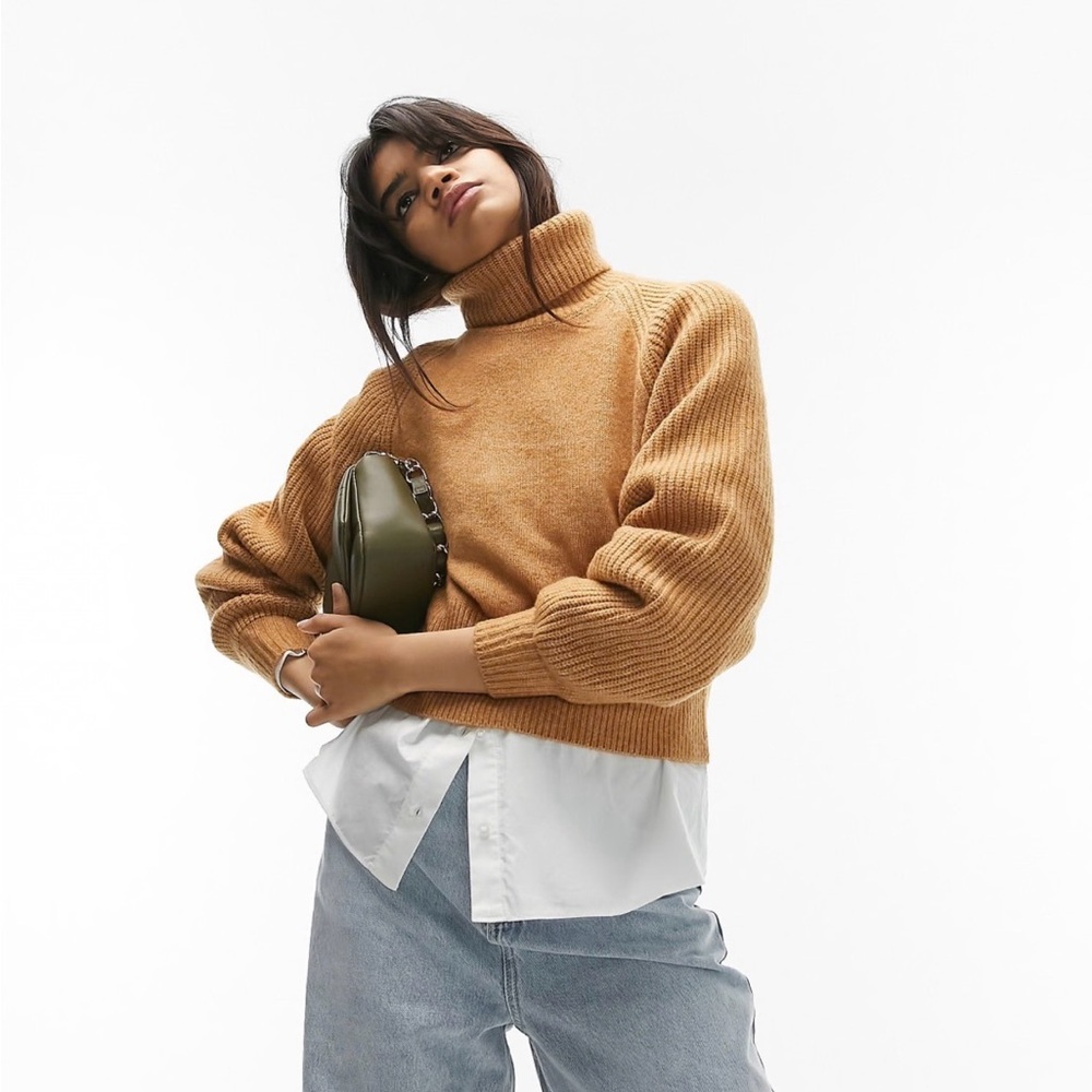 5/$30 Topshop Knit Roll Neck Sweater in Camel Turtleneck  Balloon Sleeve XL NWT